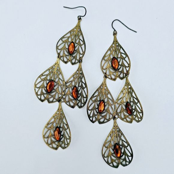 Filigree Leaf Earrings Vintage Long Chandelier Brown Marquise Gem Dangle Drop - Picture 2 of 8